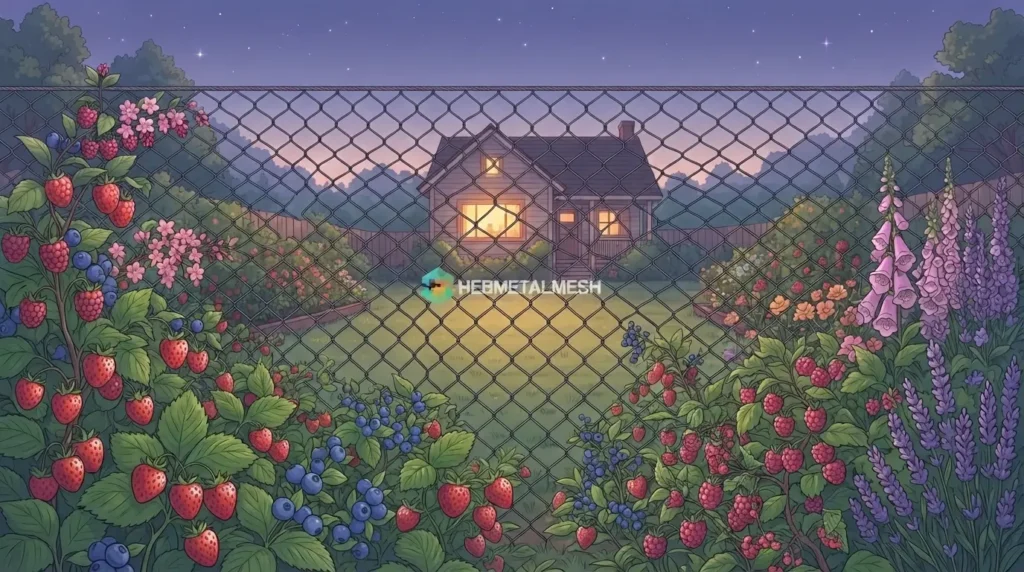 An anime-style illustration of a garden with strawberry and blueberry bushes and lavender, viewed from behind a protective diamond-mesh fence at dusk. The house in the background has illuminated windows.