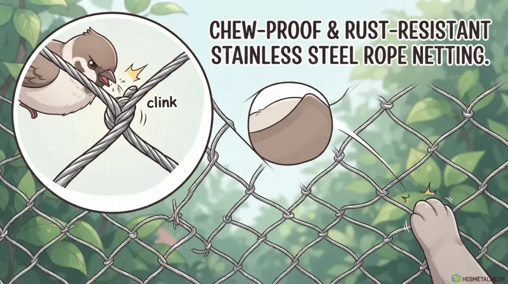 Close-up anime vector of hand-woven stainless steel mesh resisting a bird's beak and animal claws.