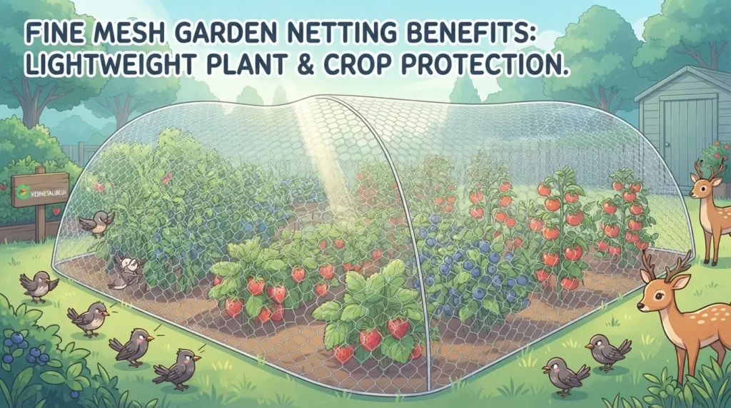 Anime style banner showing fine stainless steel mesh protecting fruits and vegetables from birds and deer.