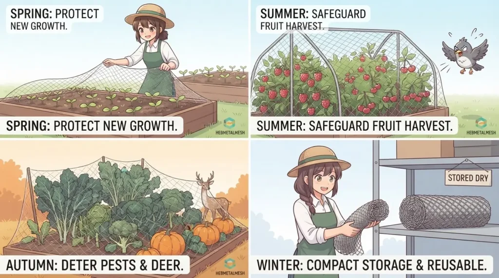 Four-panel anime banner showing the same net used in spring, summer, autumn, and winter storage.