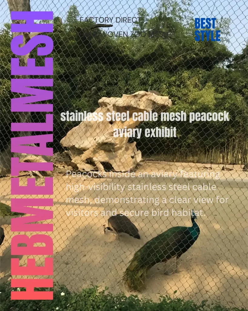 Professional zoo-grade stainless steel mesh enclosing a peacock exhibit, showcasing superior visibility and durability