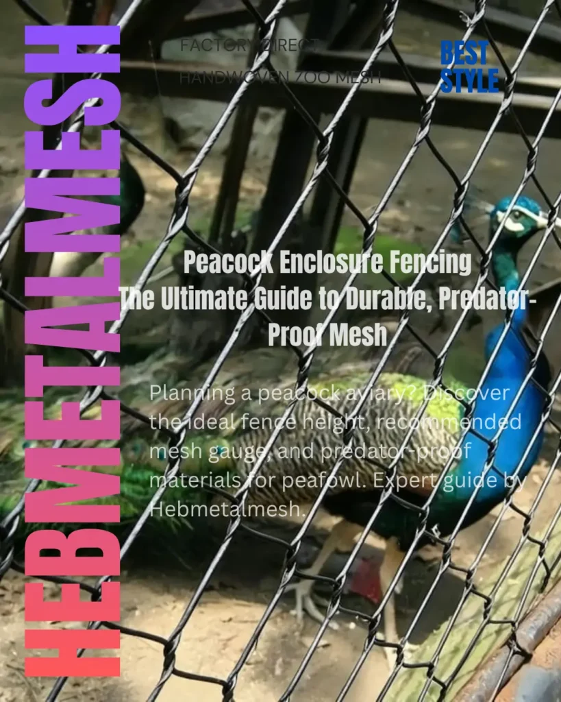 Peacock standing inside a durable stainless steel wire rope mesh enclosure provided by Hebmetalmesh, designed for predator-proof bird aviaries.