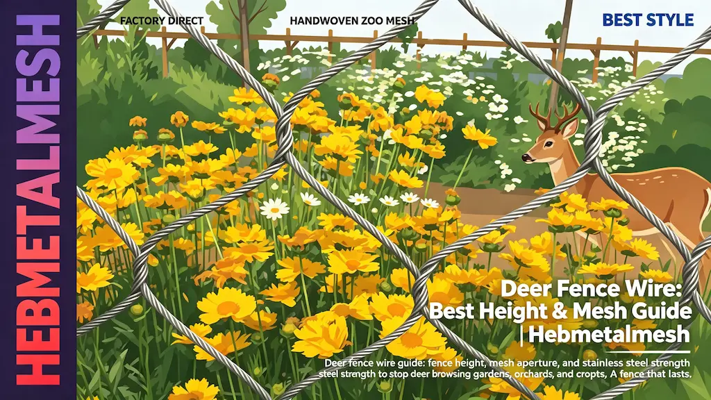 Deer fence wire – best height and mesh aperture guide for stainless steel deer fencing by Hebmetalmesh; flat vector illustration of a deer outside a handwoven stainless steel wire rope netting protecting a garden with yellow wildflowers.