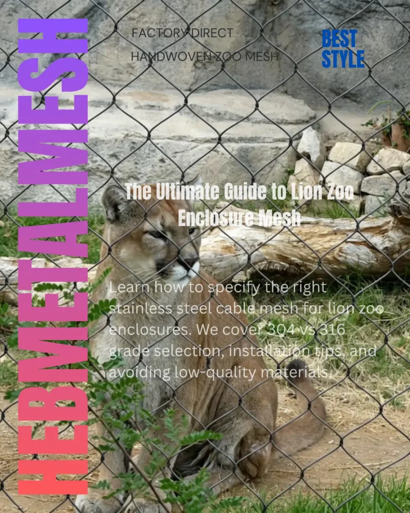 Professional installation of high-tensile stainless steel cable mesh for a large lion zoo enclosure, ensuring predator safety and visitor visibility.