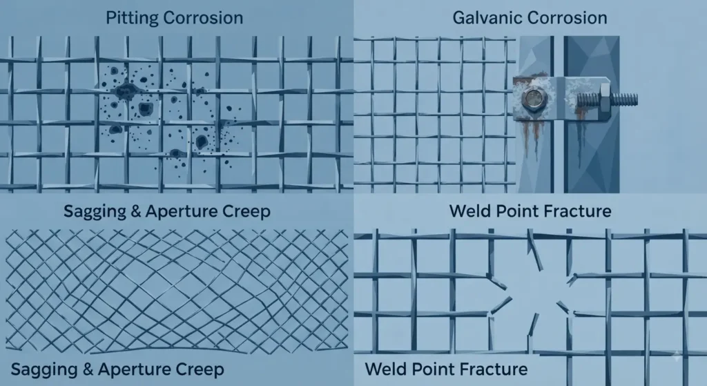 A four-panel technical illustration showing common aviary mesh failures: Pitting corrosion (rust specks), Galvanic corrosion (rusted bolt connection), Sagging (stretched mesh diamonds), and Weld fracture (broken wire intersections).