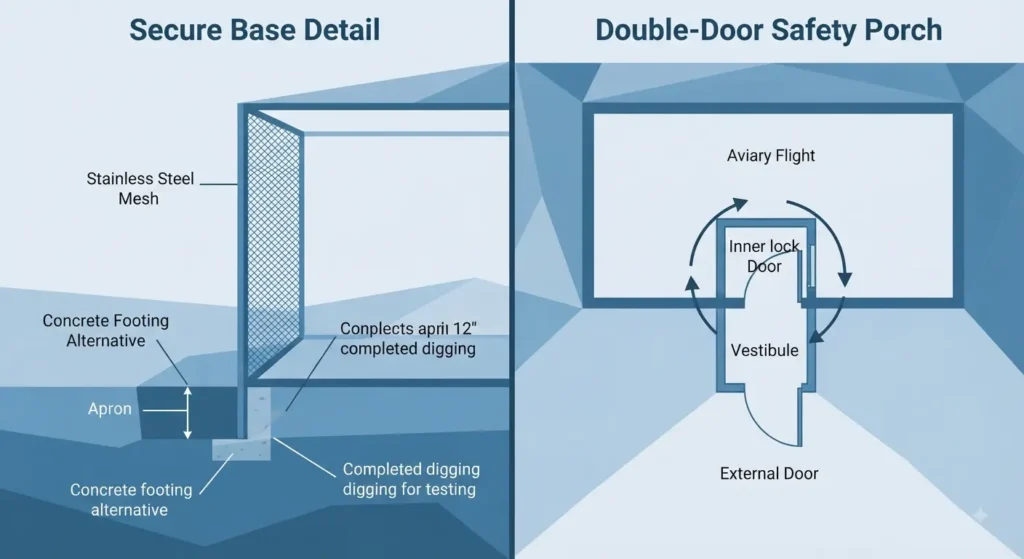 A split-view diagram illustrating critical security: Left panel (Secure Base) shows a mesh apron buried 12 inches deep to stop digging predators; Right panel (Double-Door Porch) shows a top-down view of a vestibule with two interlocking doors to prevent escapes during entry.