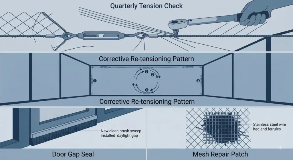 A four-panel diagram illustrating maintenance: Top panels show using a torque wrench on a turnbuckle and the circular pattern for re-tensioning a wall; Bottom panels show installing a door sweep to seal a gap and the correct method for lacing a repair patch onto damaged mesh.