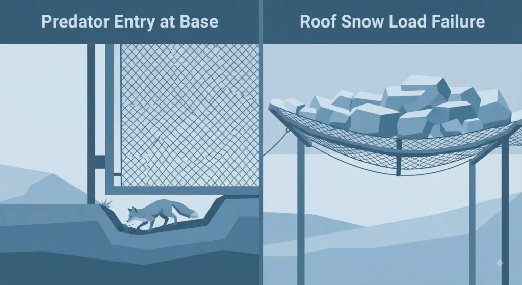 A split-panel illustration showing external threats: Left panel (Predator Entry) shows a fox digging under an unsecured fence mesh; Right panel (Roof Snow Load) shows a heavy snow accumulation causing the aviary roof mesh and frame to bow dangerously.