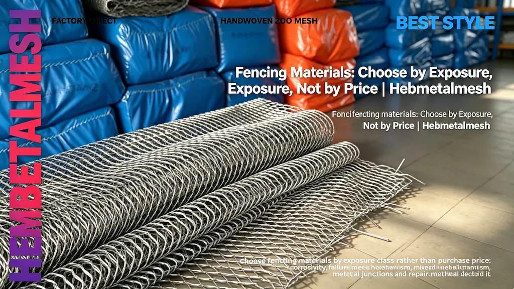 Fencing materials guide – choose by exposure class not purchase price, covering corrosivity, failure mechanism, mixed-metal junctions and repair by Hebmetalmesh; editorial flat illustration of full-coverage hand-woven stainless steel cable netting with material comparison samples.