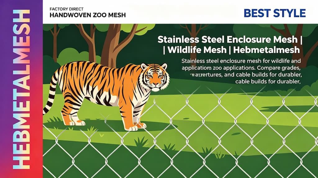 Stainless steel enclosure mesh and wildlife mesh by Hebmetalmesh – flat vector illustration of a tiger behind handwoven stainless steel wire rope netting for zoo exhibits and wildlife animal barriers.