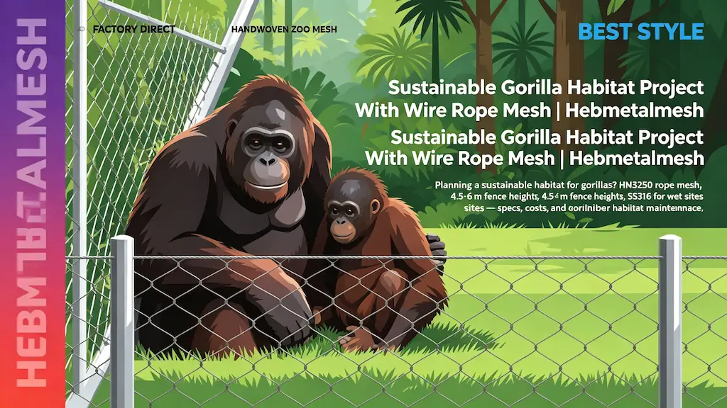 Sustainable gorilla habitat project – HM3250 wire rope mesh with 4.5-6m fence heights and SS316 for wet sites by Hebmetalmesh; flat vector illustration of a gorilla and infant inside handwoven stainless steel netting in a rainforest zoo enclosure.