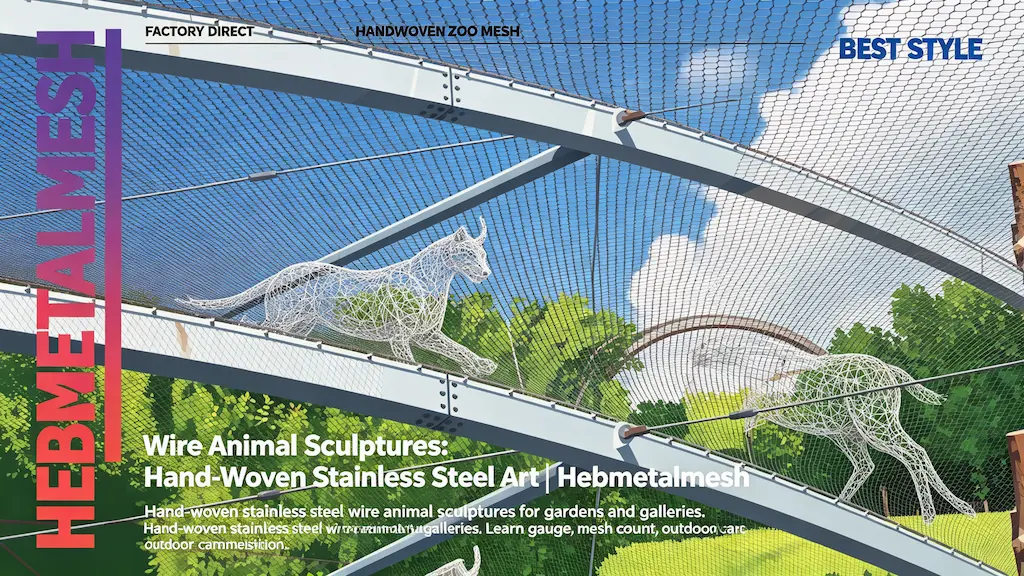 Wire animal sculptures – hand-woven stainless steel art for gardens and galleries by Hebmetalmesh; flat vector illustration of stainless steel wire animal sculptures behind full-coverage handwoven stainless steel wire rope netting with metal arch framework.