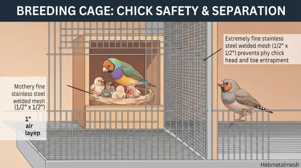 A flat vector anime-style illustration of a breeding cage system where a mother finch cares for chicks, highlighting the double wire barrier with a 1" air gap provided by Hebmetalmesh to ensure safety between adjacent pairs.