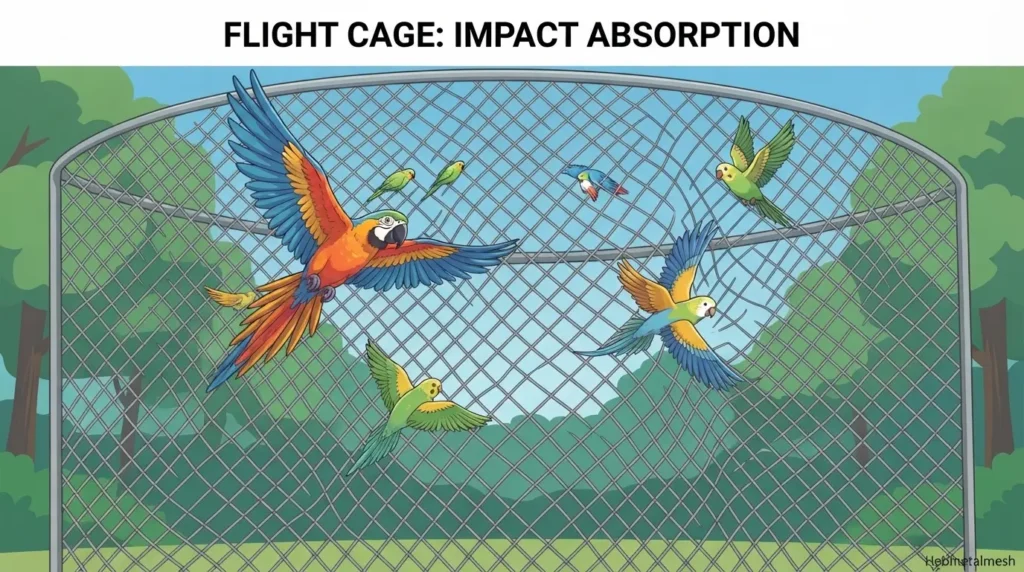 A clean, flat vector anime-style illustration of a quarantine room, showing a veterinarian cleaning a rigid stainless steel welded mesh enclosure (3/4" aperture) to maintain biosecurity for a single African Grey parrot.