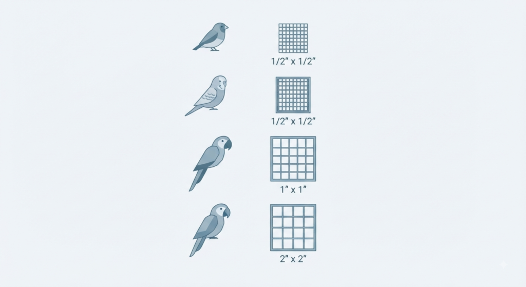 A minimalist, low-poly vector chart in cool blue tones, matching stylized bird icons (finch, budgie, macaw) to specific recommended mesh aperture sizes.