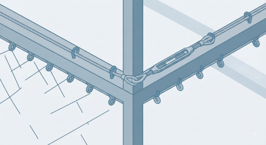 A close-up, minimalist low-poly vector illustration in cool blue tones, detailing the installation of a perimeter cable on an aviary frame, including eye bolts and an adjustable turnbuckle.