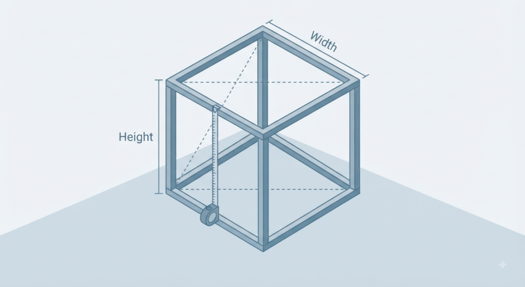 A minimalist, low-poly vector diagram in cool blue tones, showing an isometric view of an aviary frame being measured for height, width, and diagonals to ensure squareness.