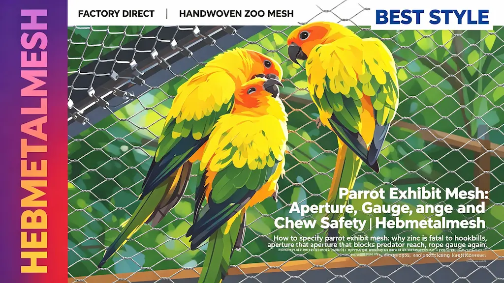 Parrot exhibit mesh – aperture, gauge and chew safety for hookbill aviaries by Hebmetalmesh; flat vector illustration of sun conure parrots behind full-coverage handwoven stainless steel wire rope netting in a zoo bird exhibit.