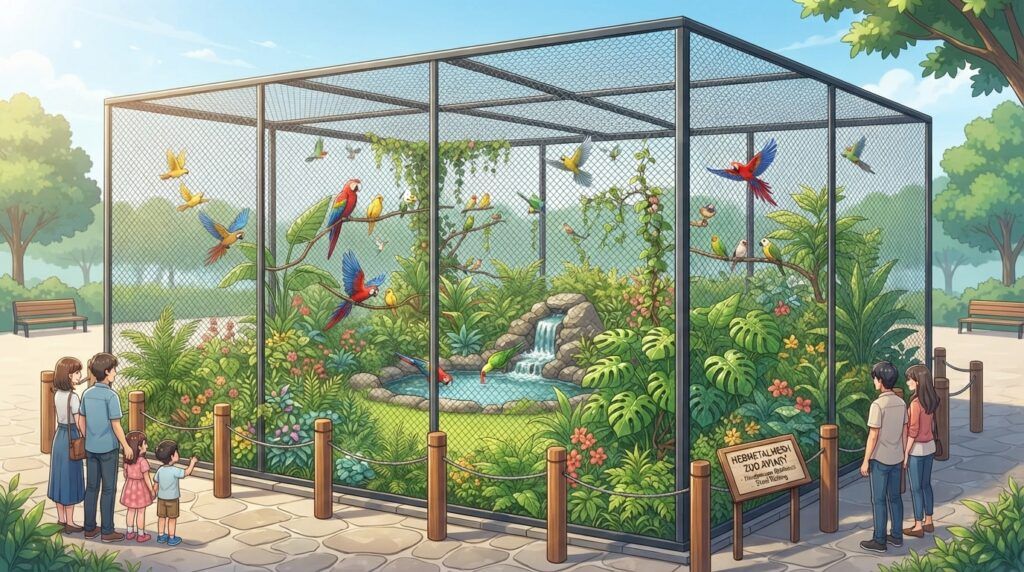 A vibrant anime-style aviary with stainless steel netting housing colorful birds in a lush, green environment.