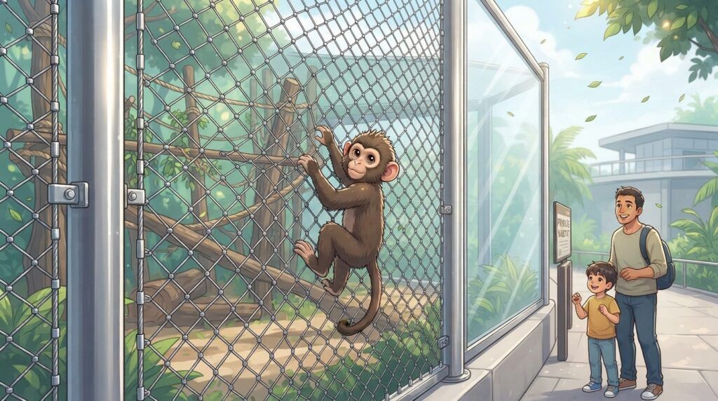  A secure primate habitat featuring durable stainless steel netting, showing a monkey interacting safely with the flexible mesh.