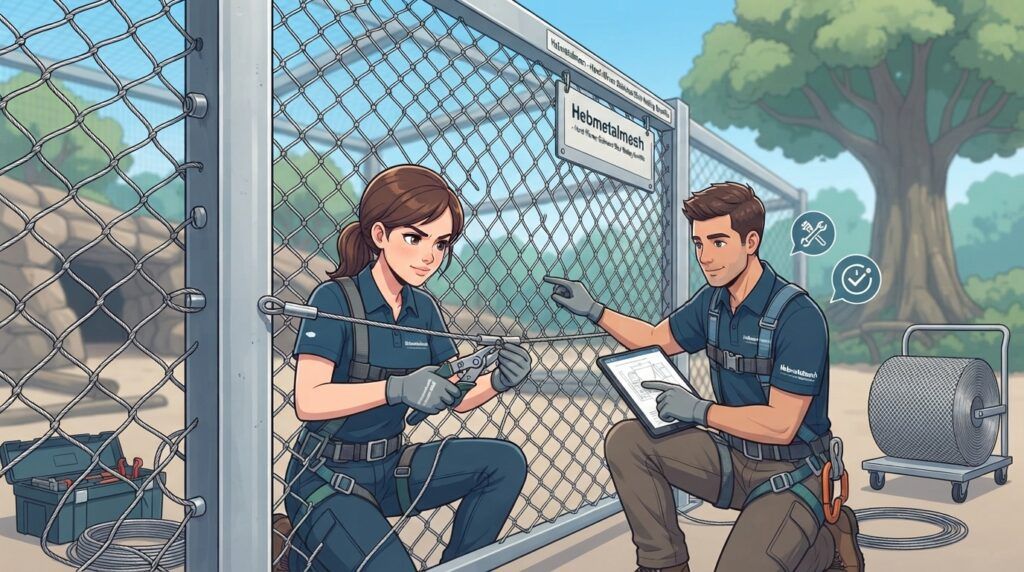 Anime-style illustration of professional installation of high-quality hand-woven stainless steel rope mesh on a sturdy zoo enclosure frame.