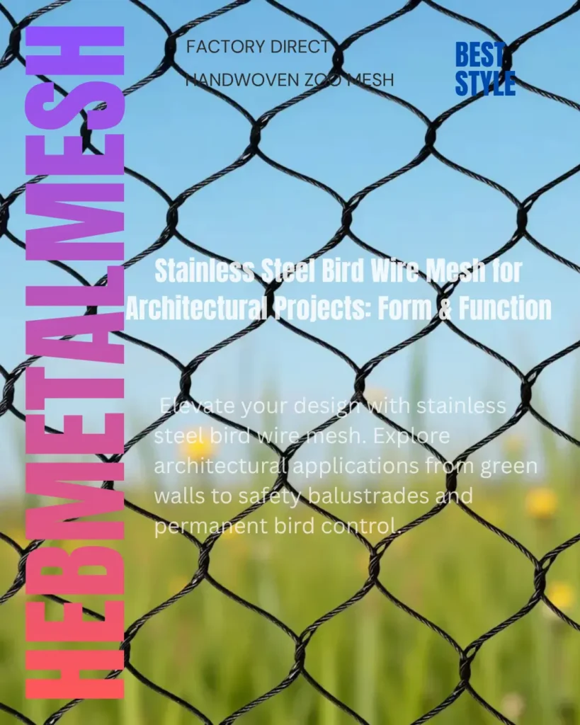 Close-up of black oxide finished stainless steel bird wire mesh showcasing the hand-woven diamond pattern against a soft-focus landscape for architectural facade and balustrade use.