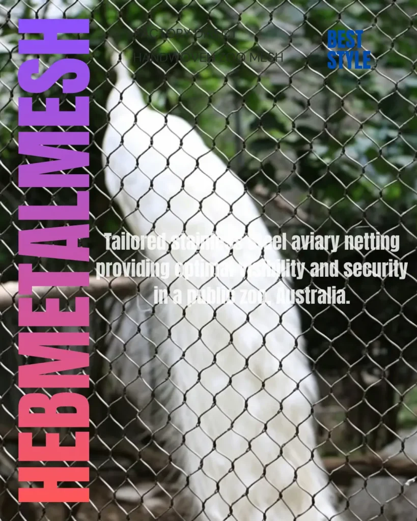 Custom-sized stainless steel peacock enclosure netting installed in a luxury private aviary, California.