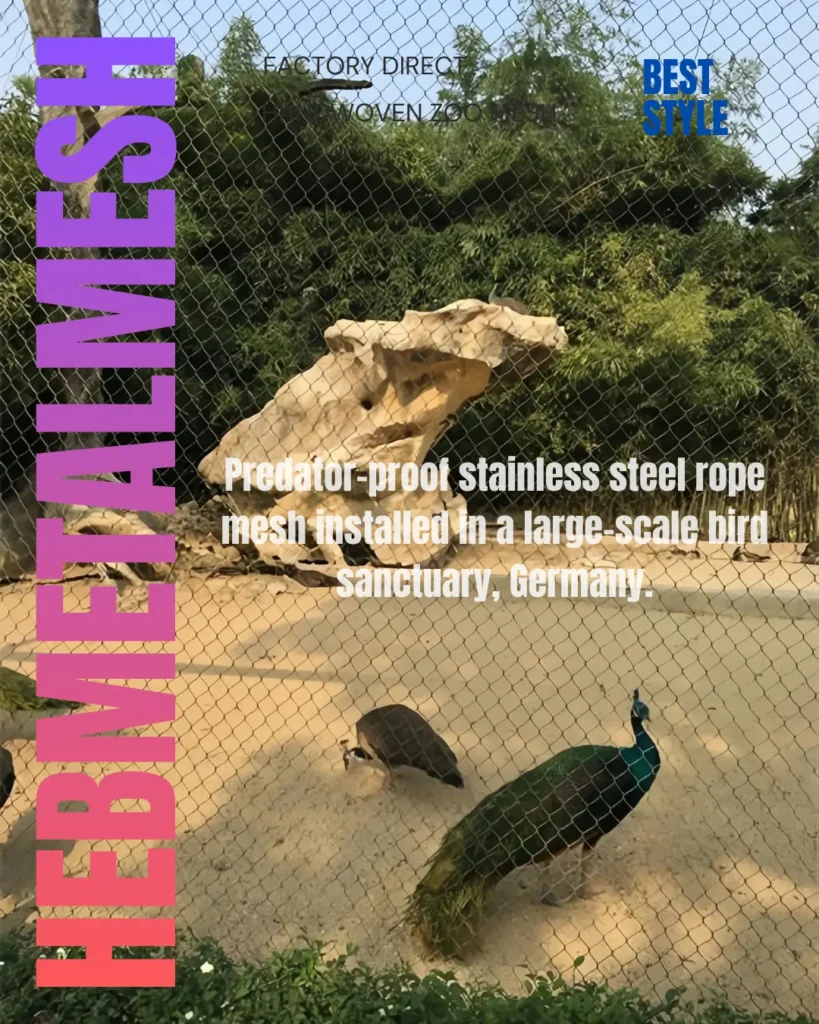 Predator-proof stainless steel rope mesh installed in a large-scale bird sanctuary, Germany.