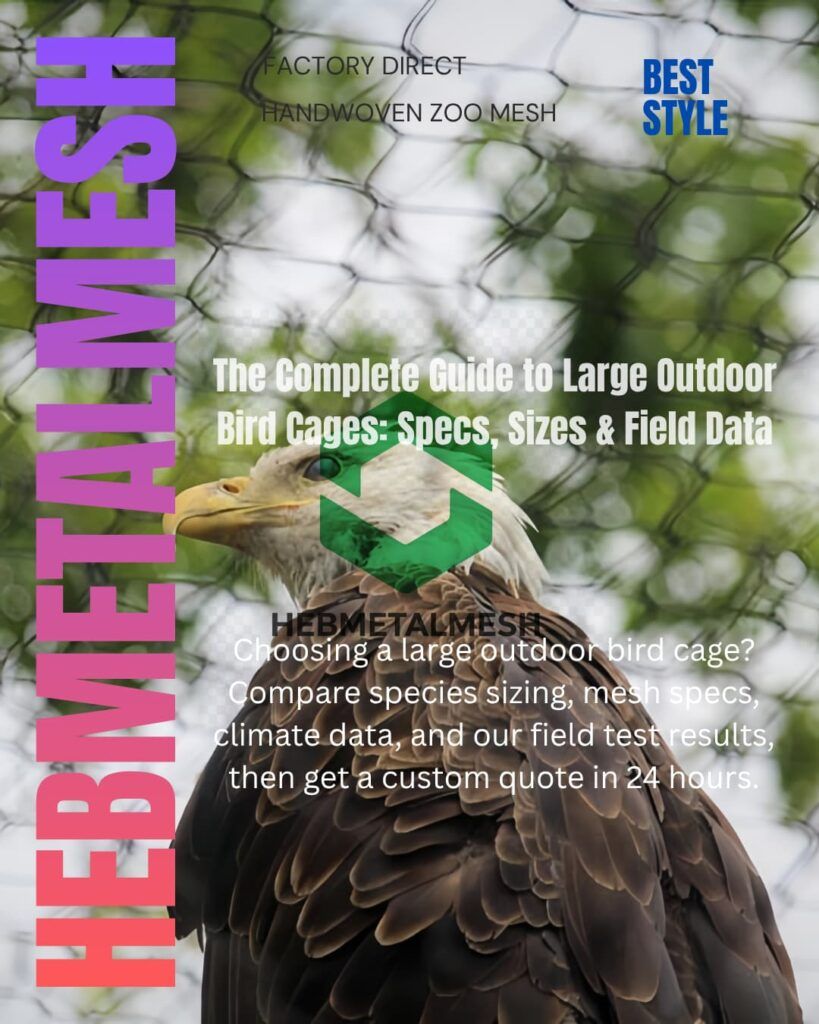 HEBMETALMESH factory direct handwoven zoo mesh banner – The complete guide to large outdoor bird cages with species sizing, mesh specs, climate data, field test results, and a free custom quote in 24 hours.
