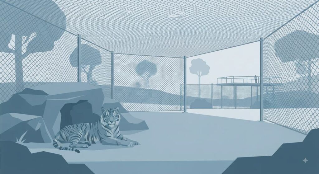 A wide, flat low-poly vector illustration in cool steel blue tones, depicting a spacious outdoor big cat habitat. A stylized tiger is resting near a rocky outcrop inside a large enclosure defined by the stainless steel cable mesh system. The mesh forms a secure perimeter fence and overhead netting, blending with a stylized natural background.