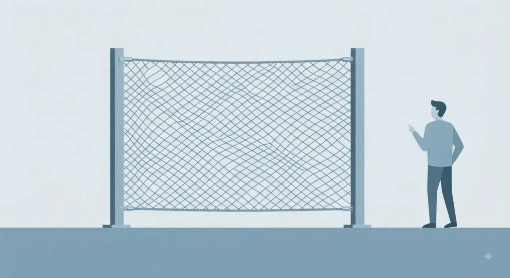 A flat low-poly vector illustration in cool steel blue tones, showing a cross-section of a modern outdoor zoo enclosure barrier. A thick stainless steel cable mesh panel is tensioned between minimalist steel posts, with a clear, open sightline for a stylized visitor figure.