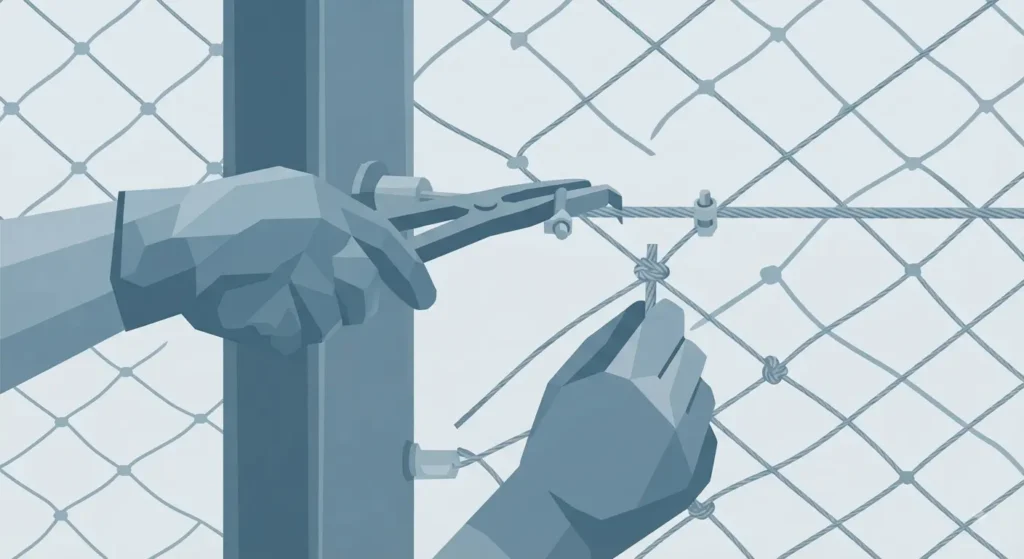 A close-up, flat low-poly vector illustration in cool steel blue tones, focusing on the installation and maintenance of the stainless steel cable mesh. A gloved hand, rendered in facets, is using a torque wrench on a cable clamp, while another hand checks a knotted intersection. This illustrates the tensioning process and regular integrity checks required for the barrier.
