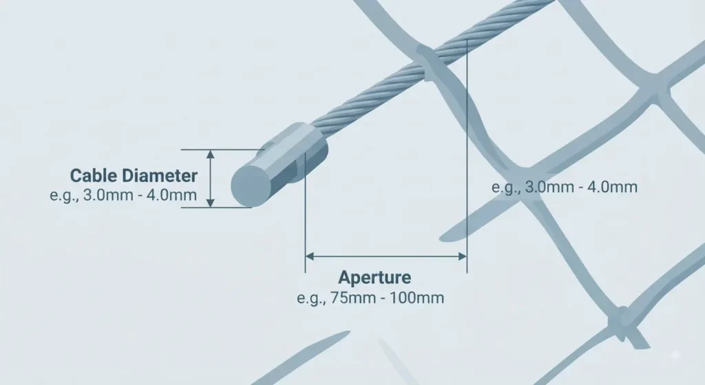 A detailed close-up, flat low-poly vector illustration in cool steel blue tones, illustrating the technical specifications of the stainless steel cable mesh. It highlights the 'Cable Diameter' (e.g., 2.4mm - 3.2mm) and 'Aperture' (e.g., 75mm - 100mm) with precise measurement lines, set against a simplified mesh background.