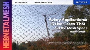 Aviary applications – 15 use cases that set the mesh spec, four governing variables and factory order form by Hebmetalmesh; editorial flat illustration of parrots in an aviary behind full-coverage hand-woven stainless steel cable netting.