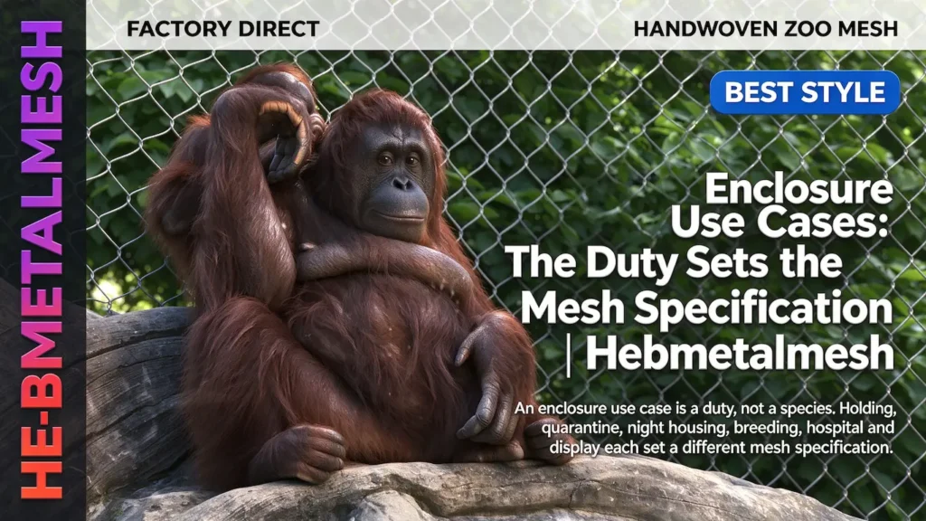 Enclosure use cases – the duty sets the mesh specification: holding, quarantine, night housing, breeding, hospital and display each set a different spec by Hebmetalmesh; 3D product render of an orangutan behind full-coverage stainless steel cable netting in a zoo enclosure.