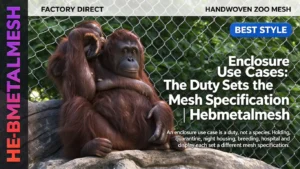 Enclosure use cases – the duty sets the mesh specification: holding, quarantine, night housing, breeding, hospital and display each set a different spec by Hebmetalmesh; 3D product render of an orangutan behind full-coverage stainless steel cable netting in a zoo enclosure.