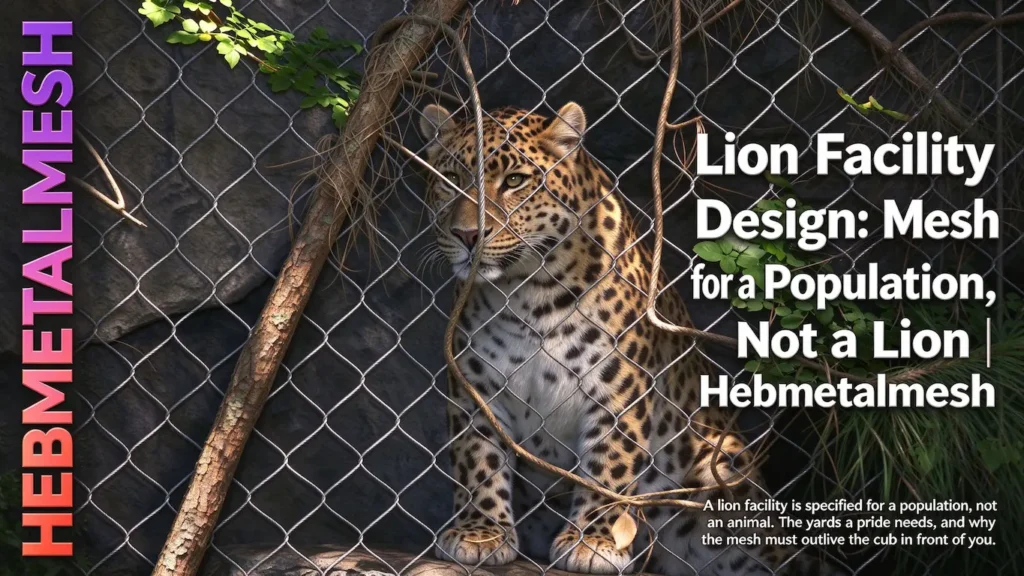 Lion facility design: mesh for a population, not a lion by Hebmetalmesh. Stainless steel rope mesh big cat enclosure with leopard in rocky habitat, engineered for pride yards and long-term durability.