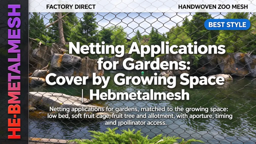 Netting applications for gardens – cover by growing space: low bed, soft fruit cage, fruit tree and allotment with aperture, timing and pollinator access by Hebmetalmesh; 3D product render of stainless steel cable netting enclosure.