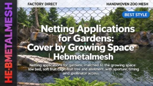 Netting applications for gardens – cover by growing space: low bed, soft fruit cage, fruit tree and allotment with aperture, timing and pollinator access by Hebmetalmesh; 3D product render of stainless steel cable netting enclosure.